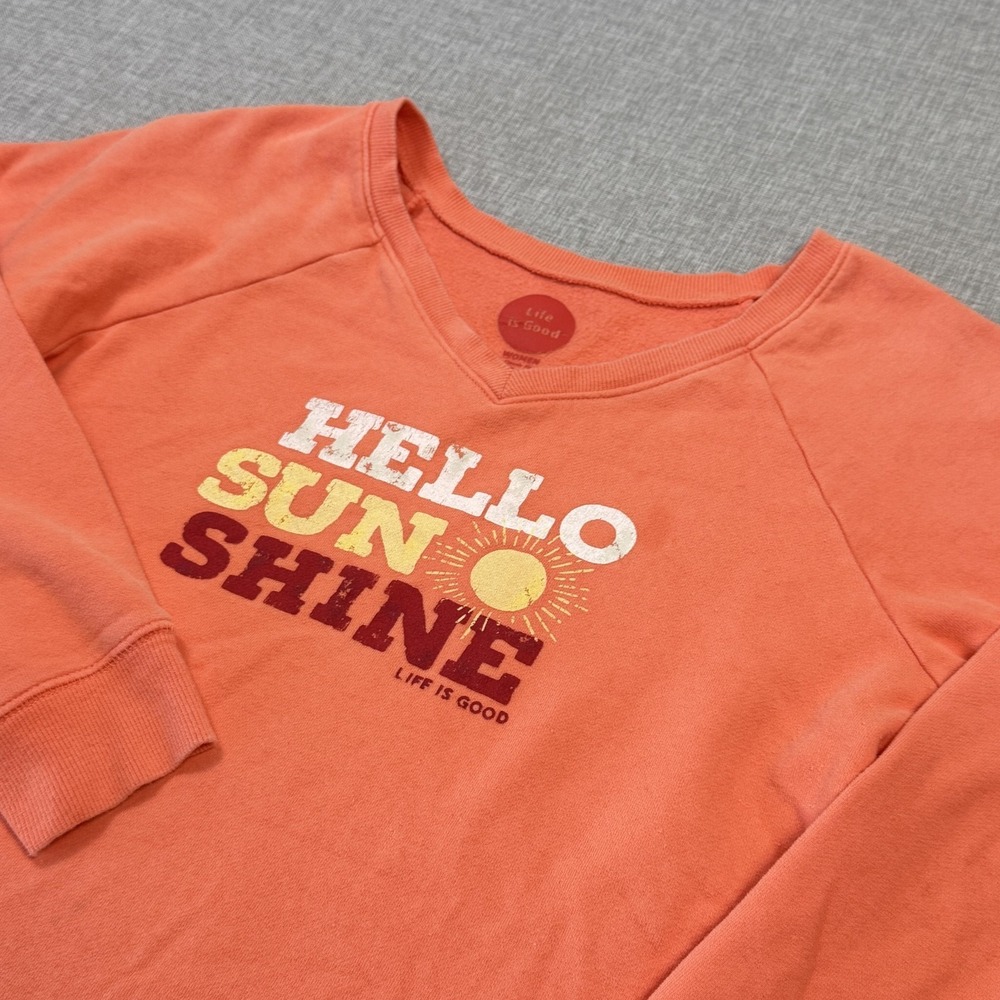 Life Is Good Sweatshirt Womens Small Orange V-Neck Pullover‎ Raglan Graphic